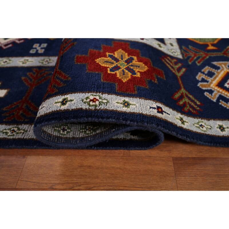 Navy Blue Geometric Kazak Oriental Area Rug Handmade Wool Carpet - 8'8" x 11'11"