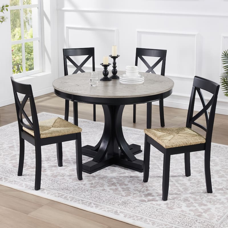 Bohemian 17" W Natural Weave Seagrass Rattan Seat Cross Back Dining Chairs - Set of 4 - Black