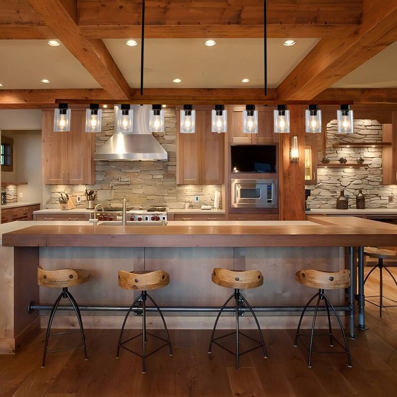 Farmhouse Chandelier for Dining Room Kitchen Island Rustic Wood Linear Pendant Light with Seed Glass Shade