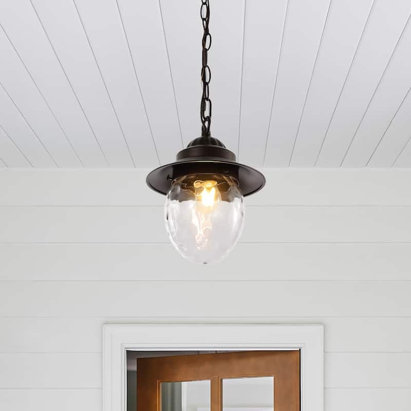 Glendale 8.25" 1-Light Farmhouse Industrial Iron/Glass Outdoor LED Pendant, Oil Rubbed Bronze/Clear by JONATHAN Y
