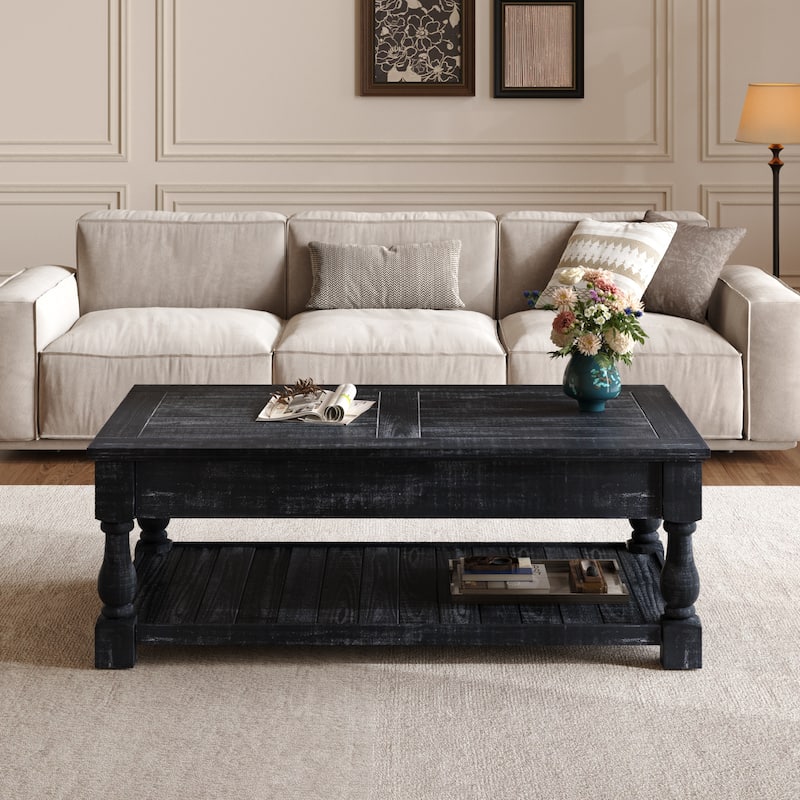 Farmhouse Lift Top Coffee Table with Fixed Shelf - 3 Hidden Storage Trays, Handsomely Crafted in Weathered Black Finish