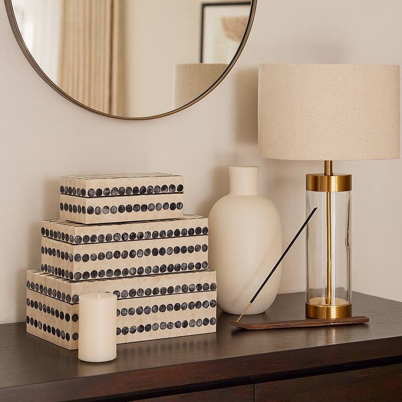 Dotted Decorative Box with Lid - Set of 3, 8", 11", 12", Ivory & Blue - 12.0"