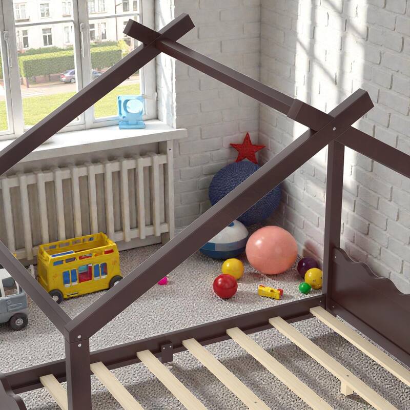 Kids Solid Wood House Floor Bed with Support Slats, Montessori Low Profile Bed, No Box Spring Needed