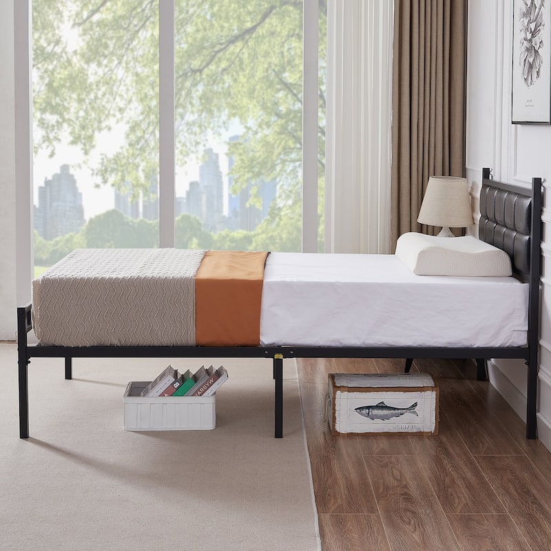 VECELO Faux Leather Tufted Bed, Metal Frame Bed Frame