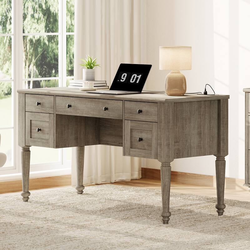 56'' Farmhouse Executive Desk with Drawers White/Oak - 5 Drawers and 2 Doors - Wash Gray