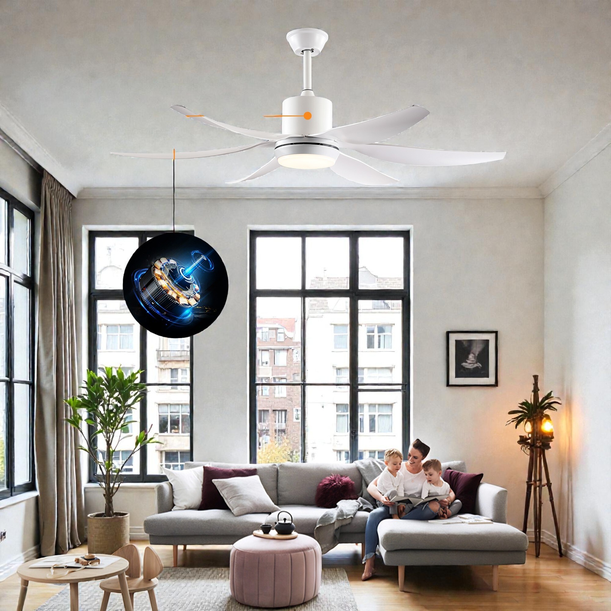 56 Inch Ceiling Fan with Light, 6 ABS Blades, 3-Color 18W LED