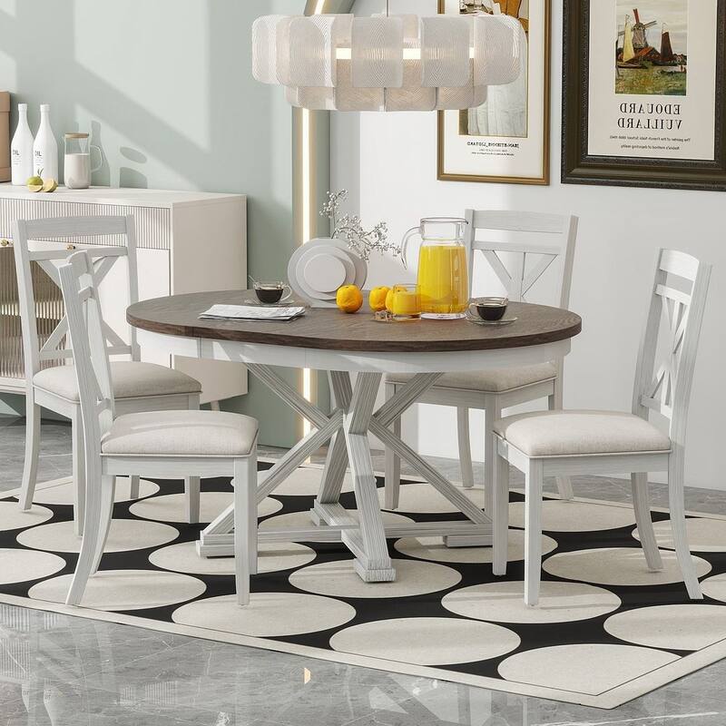 5 PCS Retro Functional Dining Table Set for 4 Extendable Round Table and 4 Upholstered Chairs