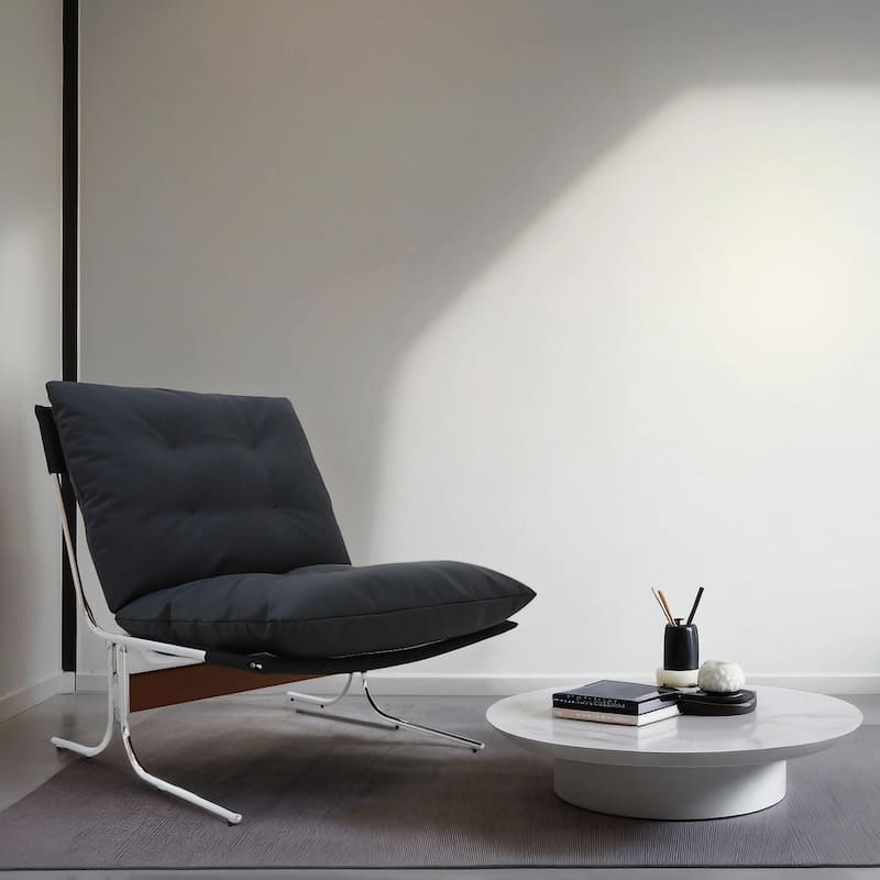 Modern Leather Accent Chair - High Back, Metal Legs - Black