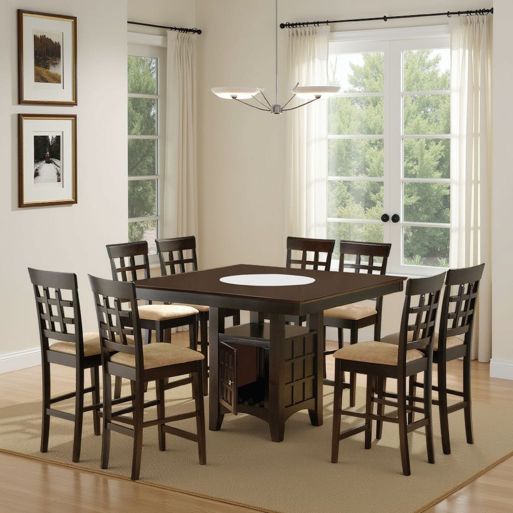 Uric Counter Height Dining Table w Wine Storage, 8 Lattice Chairs, Brown