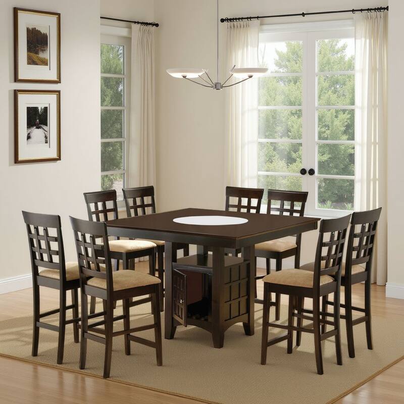 Uric Counter Height Dining Table w Wine Storage, 8 Lattice Chairs, Brown