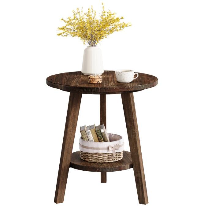 2-Tier Solid Wood Side Table, Circular End Table, Rustic Bedside Table