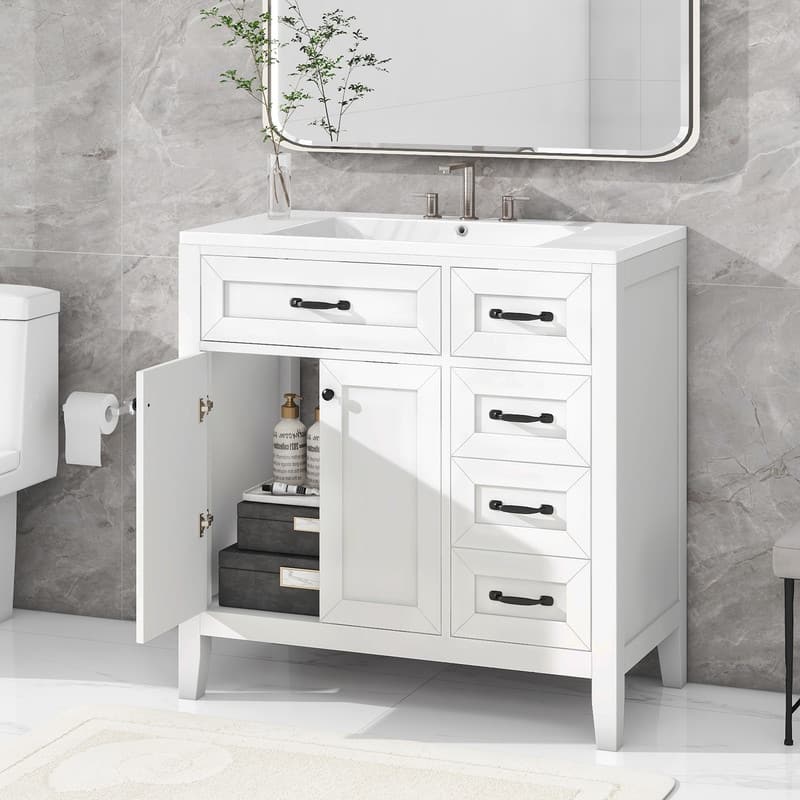 Modern 36" Vanity Cabinet with Ceramic Sink and Drawers for Bathroom - With Sink Combo - White