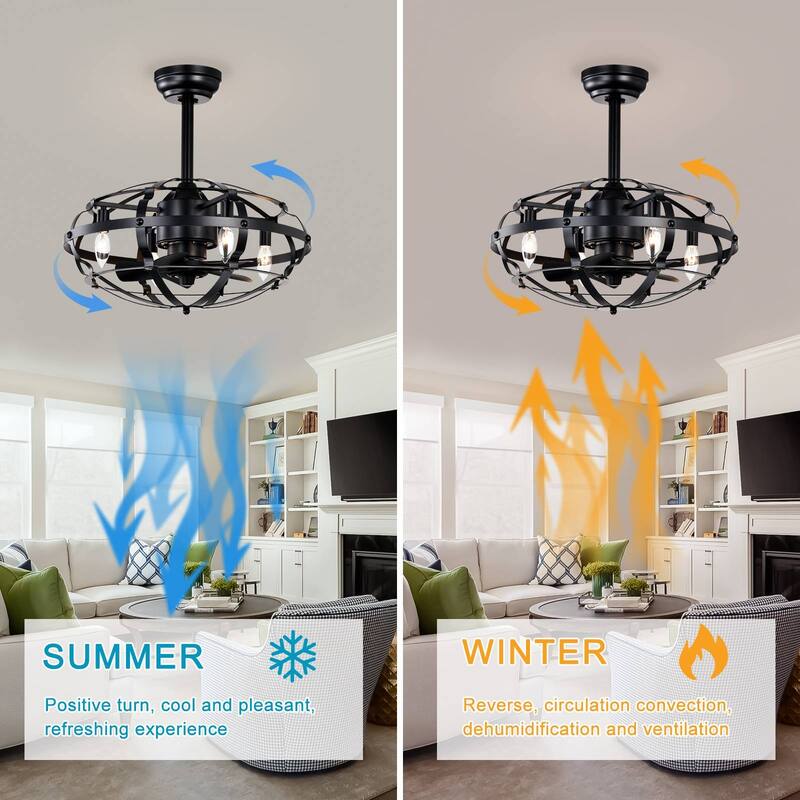 18" Industrial Ceiling Fan Light Kit for Living Room Bedroom Kitchen and Bladeless Caged Ceiling Fan with Lights - 18 Inches