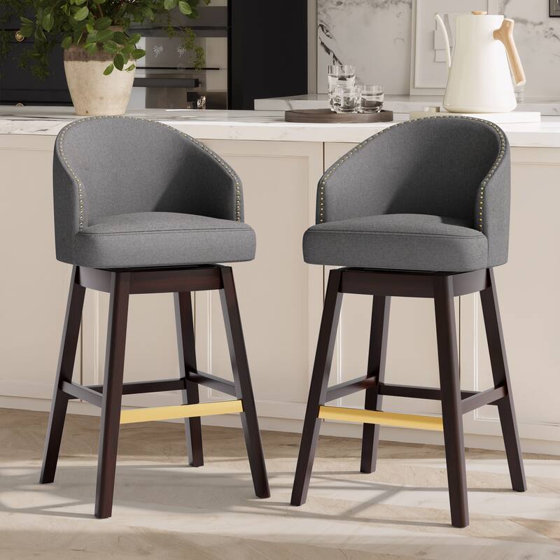 31.9" Height Modern Swivel Bar Stools Upholstered Solid Wood Bar Stools