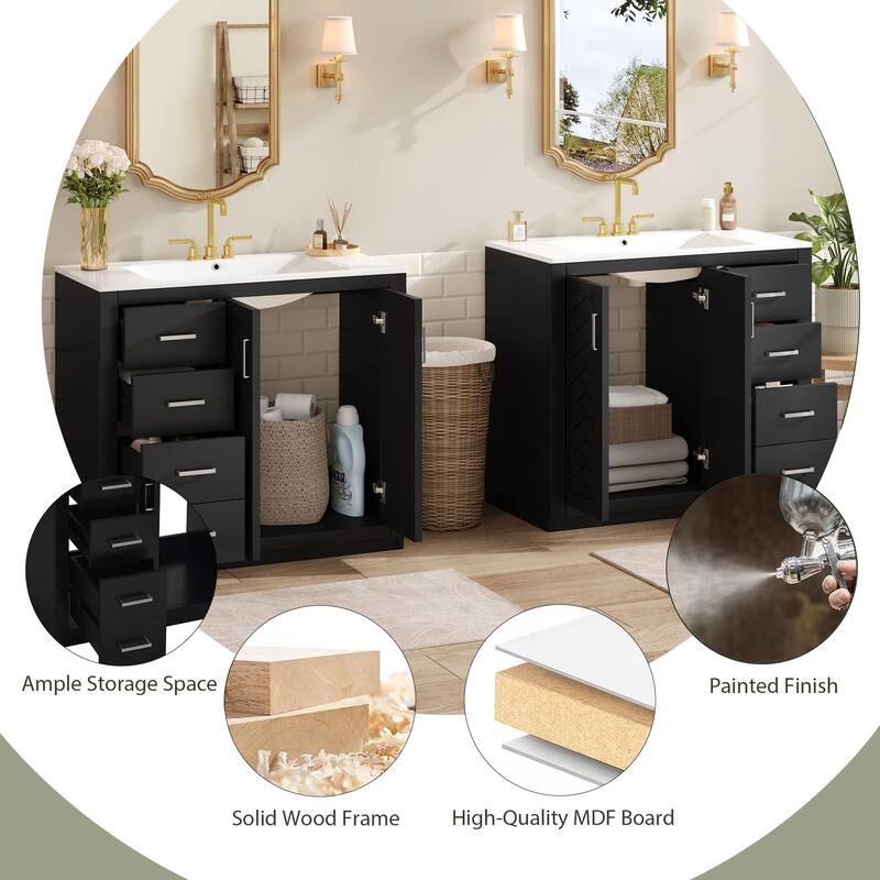 72" Solid Wood Bathroom Vanity with Dual Ceramic Sinks, Freestanding Double Sink Cabinet with Drawers and Soft-Closing Doors