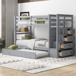 Twin Over Twin Bunk Bed with Trundle Bed, Staircase and 4 Storage Drawers, Solid Wood Bunk Beds with Stairs and Guardrail
