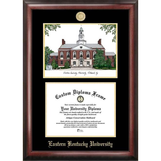 Eastern Kentucky University 11w x 8.5h Gold Embossed Diploma Frame with Campus Images Lithograph