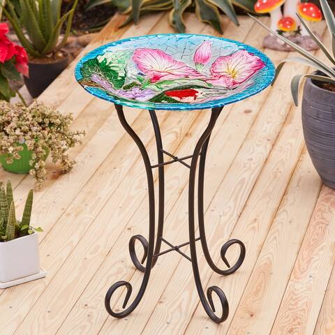 Multi-Color Hummingbird Floral Glass Bird Bath with Black Metal Stand