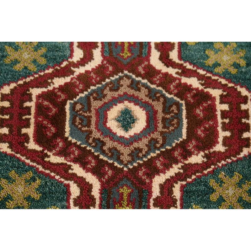 Green Geometric Kazak Indian Runner Rug Handmade Wool Carpet - 2'5"x 9'10"