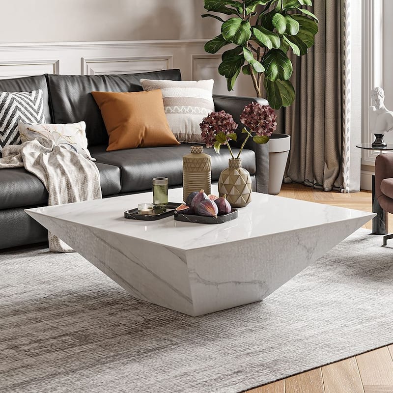 Modern Square Coffee Table, Trapezoid White Sintered Stone Coffee Table, Fully-assembled