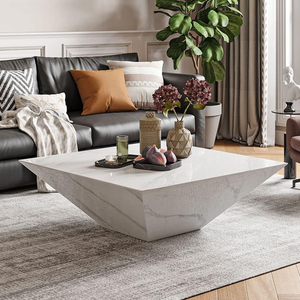 Modern Square Coffee Table, Trapezoid White Sintered Stone Coffee Table, Fully-assembled