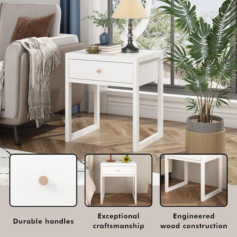 Modern White Nightstand with Drawer and Wood Knob