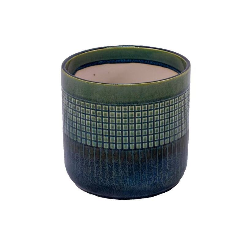 9" Ceramic Flowerpot Garden Modern Patio Grid Planter(Set of 3) - 9.65 in.W x 9.65 in.D x 9.25 in.H - Blue+Green