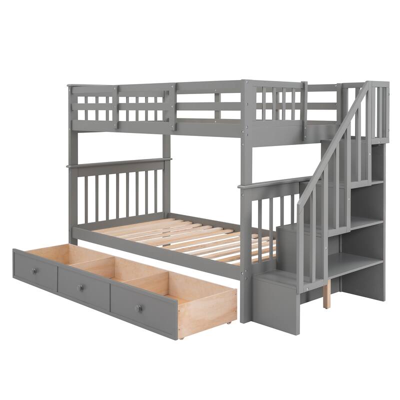 Twin-Over-Twin Bunk Bed with Drawers and Storage Stairs, Gray