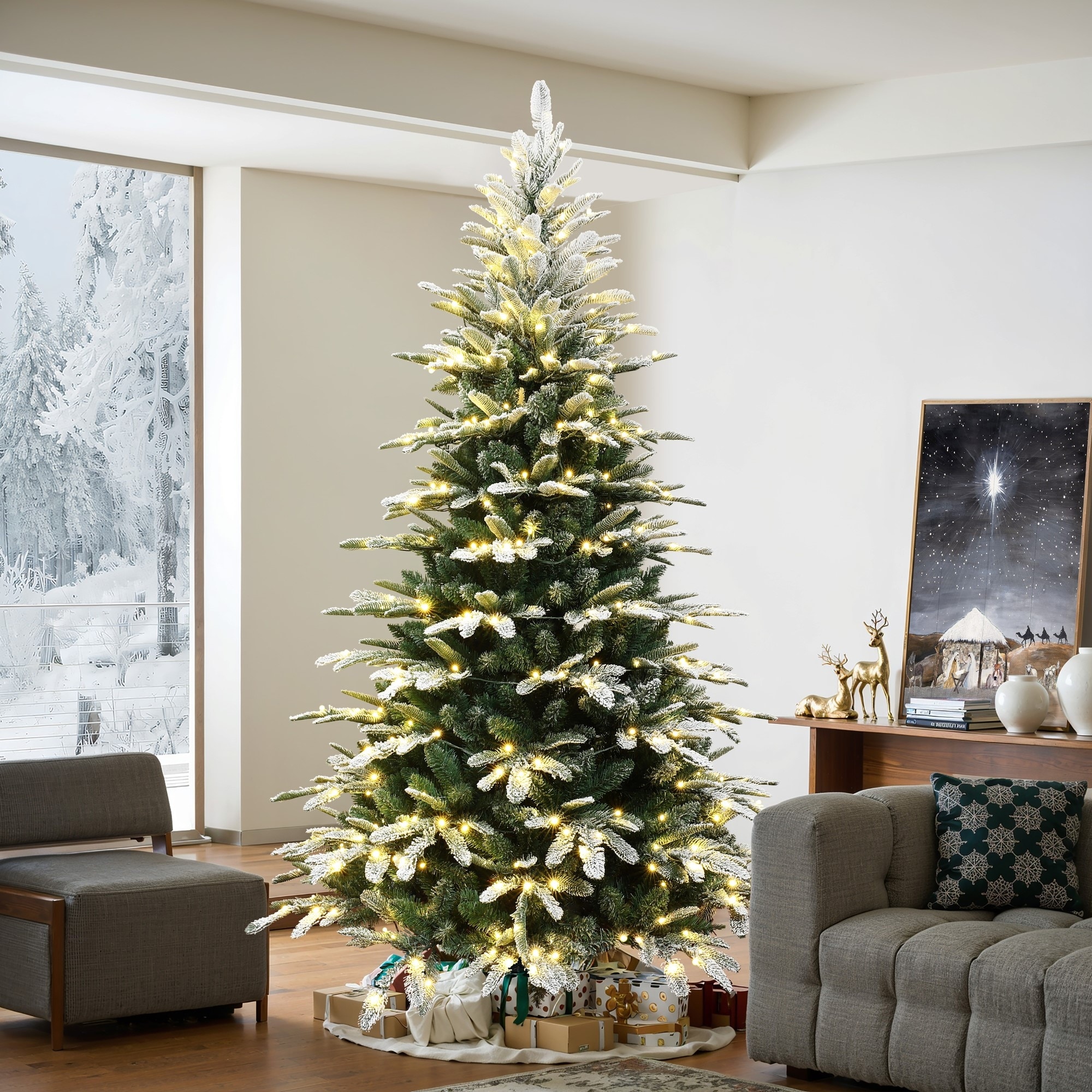 7Ft Pre-Lit Hinged Flocked Fraser Fir Slim Artificial Christmas Tree - 84" H x 52" Diameter