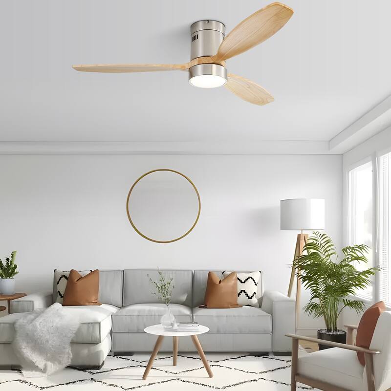 52 Inch Flush Mount Wood Blades White Ceiling Fan Reverse Airflow,6 Wind Speed,Remote Control