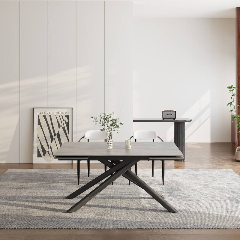 9 - Piece 102.36'' Extendable Rectangular Sintered Stone Dining Table with 8 Fabric Chairs Dining Set