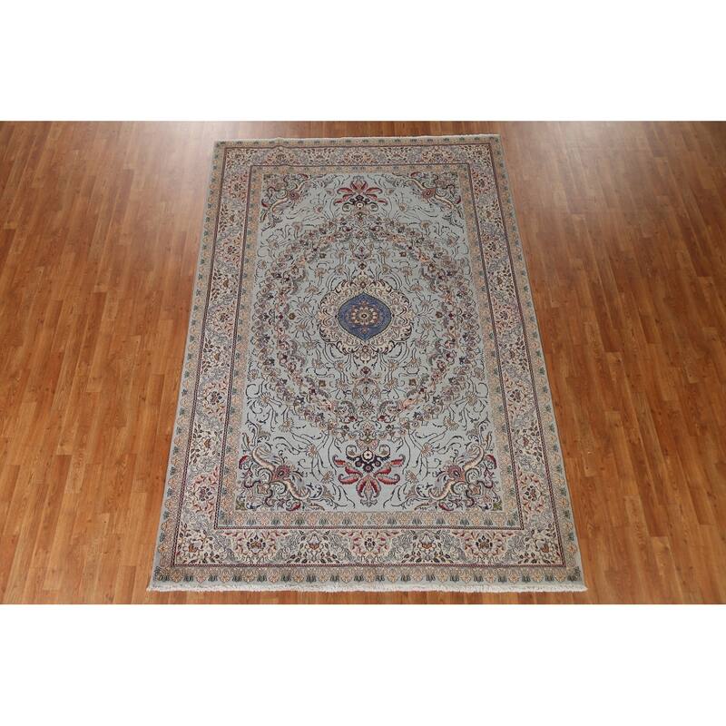 Hand Knotted Oriental 100% Wool Carpet Traditional Floral Greys & Charcoal Kashan Area Rug - 9' 6'' X 6' 6''