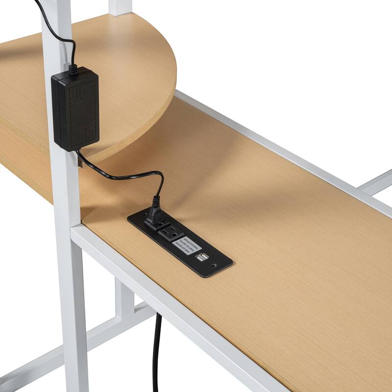 Modern Loft Metal Bed with Built-in Desk, Power Outlet, LED Strip, and Fabric Wardrobe - Twin/Full