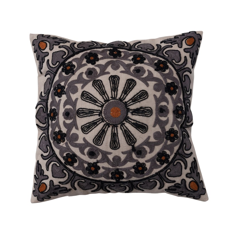 Cotton Throw Pillow with Embroidered Floral Pattern and Chambray Back - Polyester