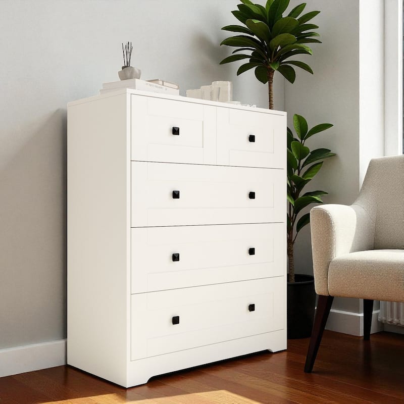 White 5-Drawer Chest Farmhouse Dresser Storage Cabinet Modern Chest of Drawers for Bedroom Living Room Organizer