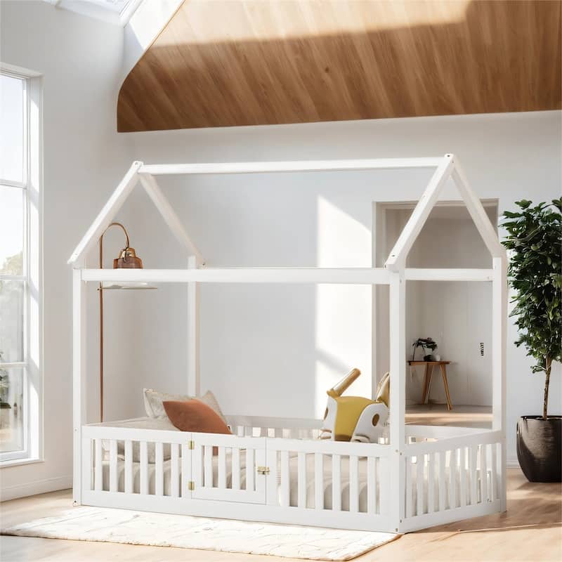 Twin Size Wood House Bed with Fence and Door, White - White