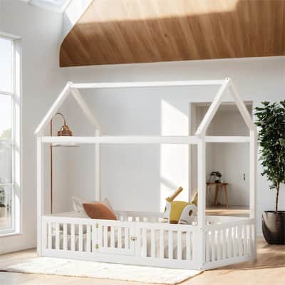 Twin Size Wood House Bed with Fence and Door, White