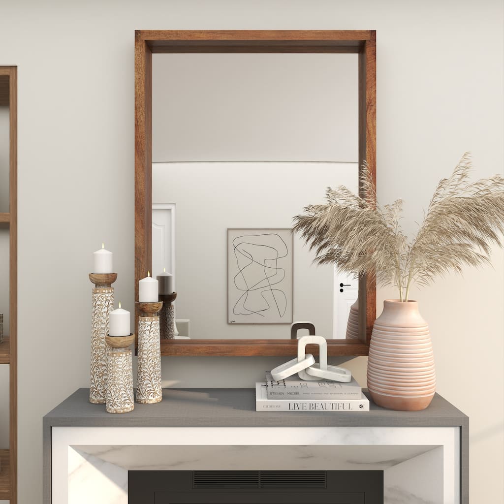 Brown Mango Wood Minimalistic Wall Mirror with Natural Wood Grain and Deep Set Frame