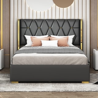 Upholstered Full Size Platform Bed with PU Leather and Wooden Slats