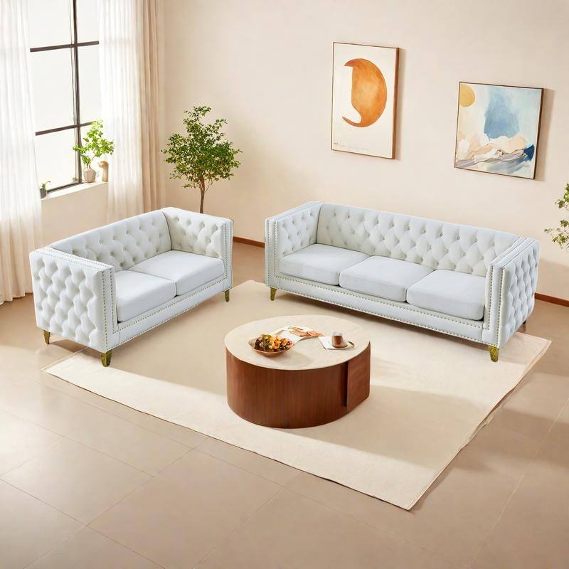 2-Pieces 5-Seat Velvet Sectional Sofa Set (3-Seater + 2-Seater) with Spring Cushions & Metal Legs - Beige