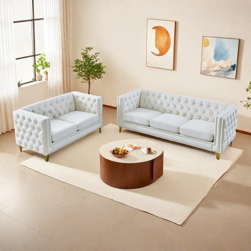 2-Pieces 5-Seat Velvet Sectional Sofa Set (3-Seater + 2-Seater) with Spring Cushions & Metal Legs