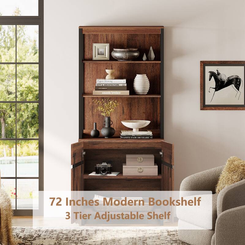 WAMPAT Modern 72" Tall Bookcase with Metal Base and Adjustable Shelves, Library Book Shelf with Storage Cabinet