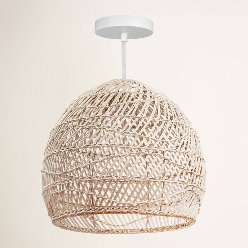 Santana Rattan Pendant Light - Natural Dome 1-Light Handwoven Light Fixture For Modern, Contemporary, Farmhouse Room Decor - 14" - 48" Hardwire White