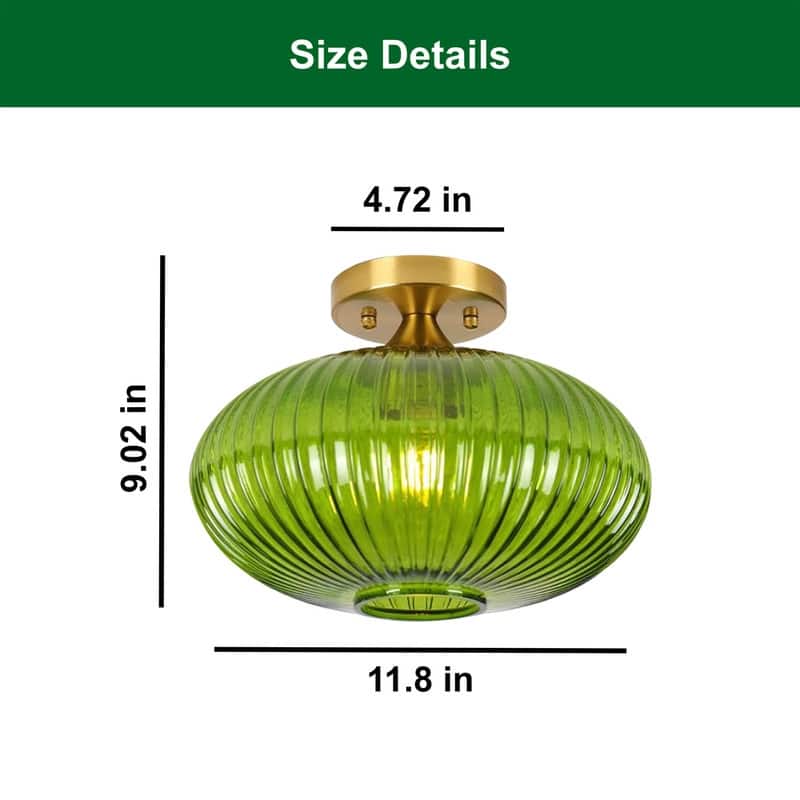 11.8 Inch green lighting glass, metal light bulb striped green ceiling light - N/A