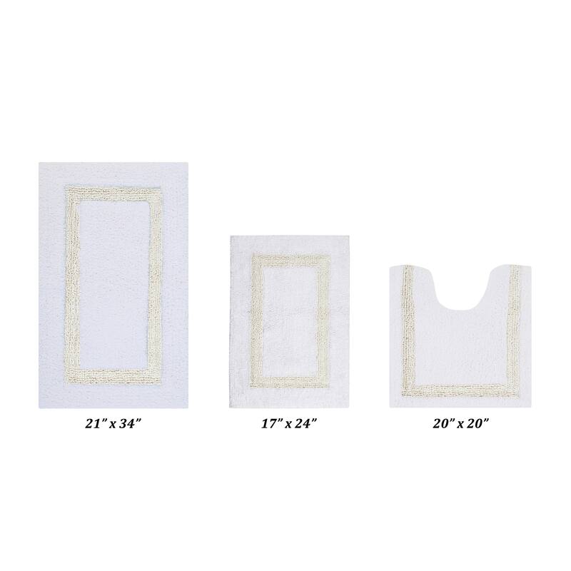 Better Trends Hotel Collection in Race Track 100% Cotton Super Absorbent Reversible Double Sided Machine Washable Bath Mat Rug - 3 Piece Set (17" x 24" | 20" x 20" | 21" x 34") - White & Ivory