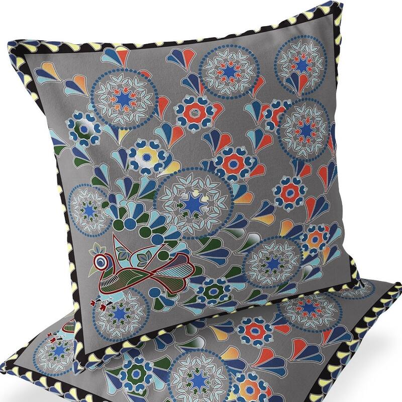 HomeRoots Set of Two 16" X 16" Gray and Yellow Peacock Blown Seam Floral Indoor Outdoor Throw Pillow - 16.00' X '16.00' X '5.00