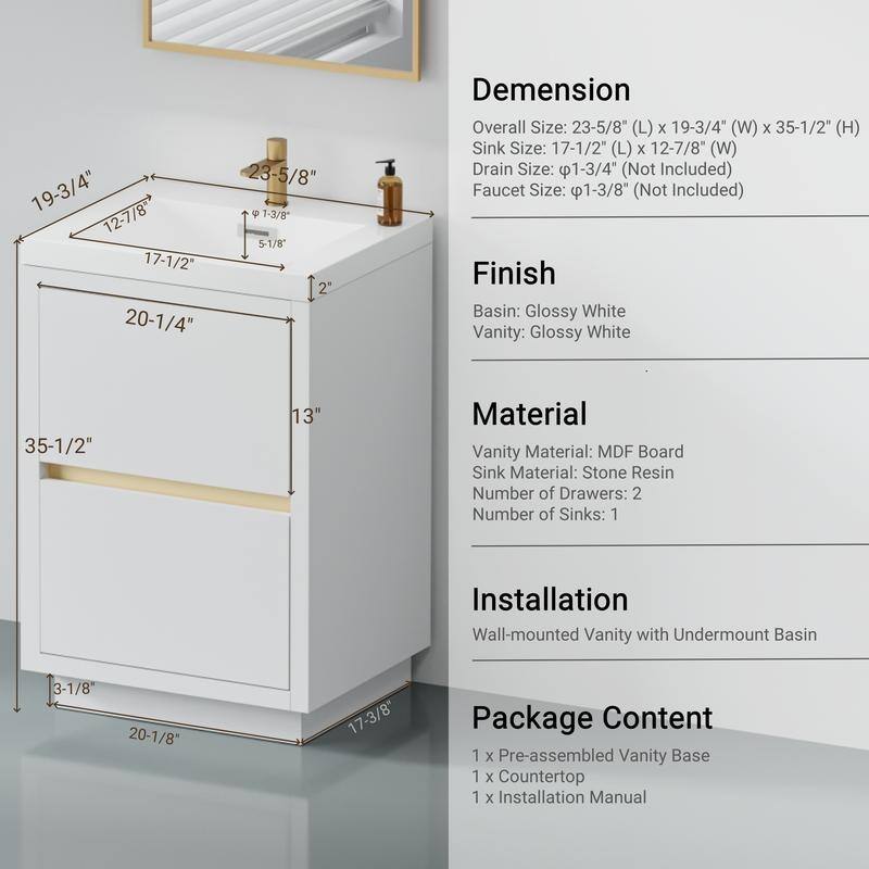 Abruzzo 24" Freestanding Bathroom Vanity with Stone Resin Sink and Two Soft Close Drawers