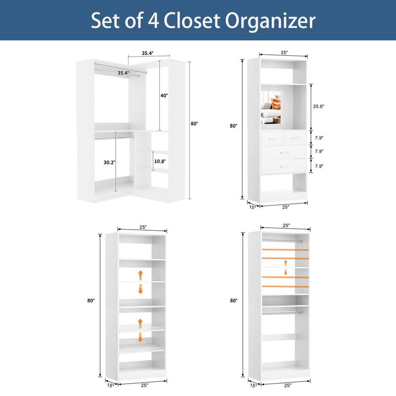 Cimly 111'' Set of 4 Freestanding Closet Organizer, Space-saving Corner Closet System with Shoe Rack