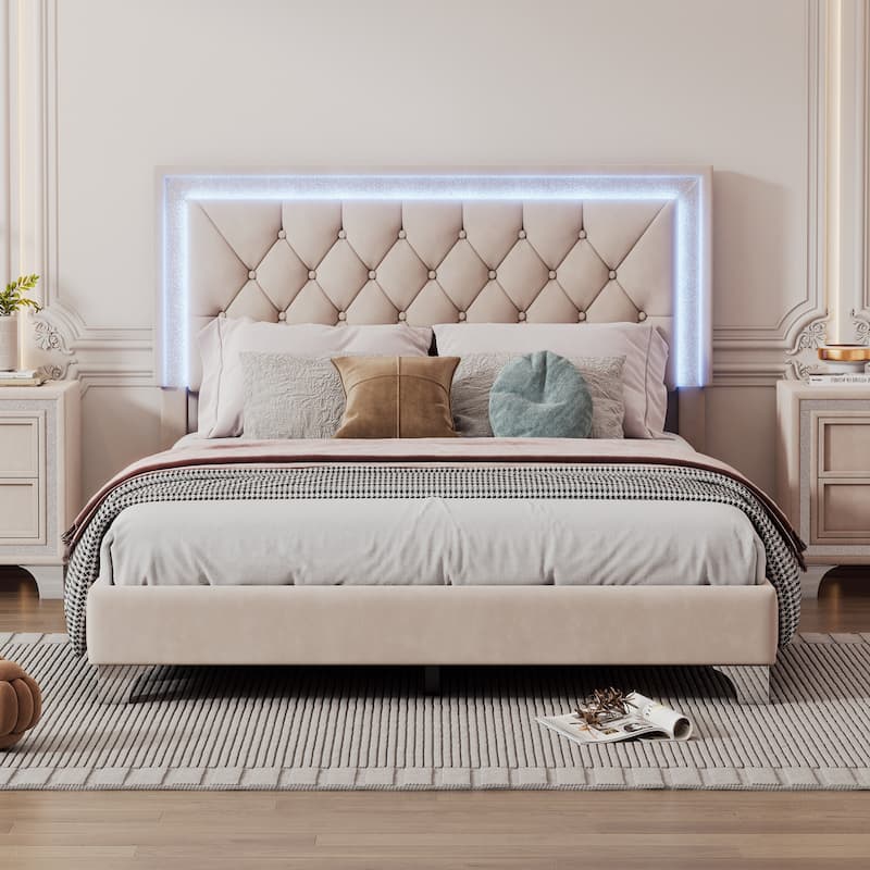 Upholstered Bed Frame with LED Lights and Tufted Headboard