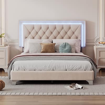 Velvet Platform Bed with Tufted Headboard and LED Lights